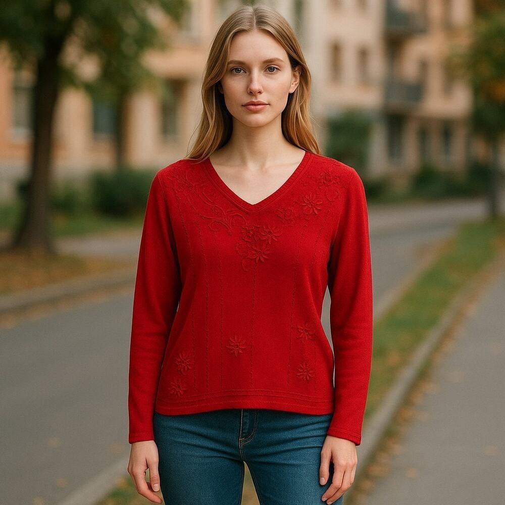 Elisabeth by Liz Claiborne Red Pullover wi Crochet Flowers Womens 1X (14)